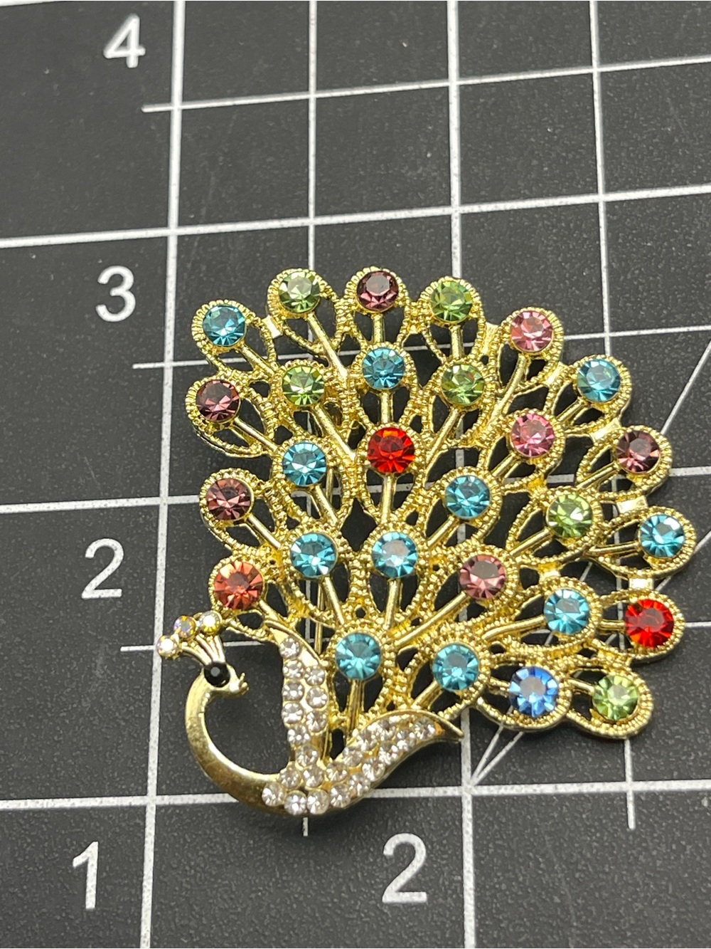 Peacock Brooch Multicolor Rhinestone Gold Tone C Clasp Statement Pin